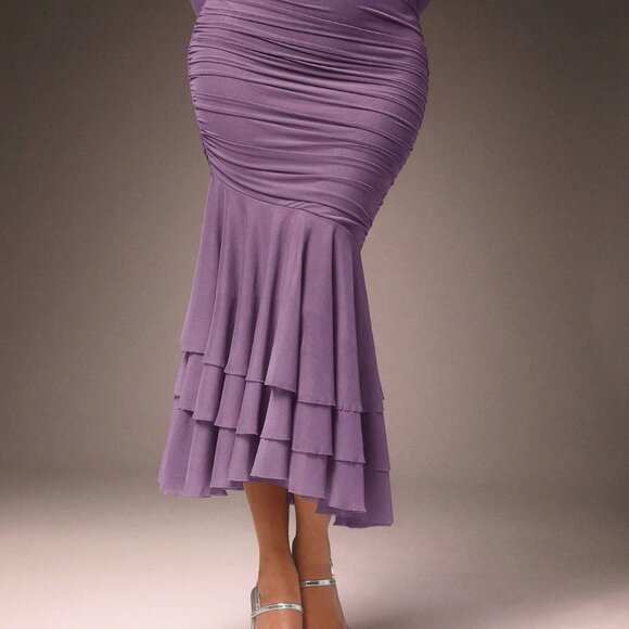 Purple Elegant Women's Mesh Plunge Ruched Fishtail Midi Dress with Ruffles - Picture 4 of 5